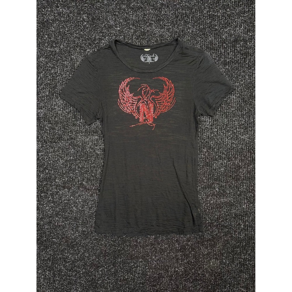 Too Trendi Black Red Rhinestone Winged N Graphic T-Shirt Y2K Women Size L